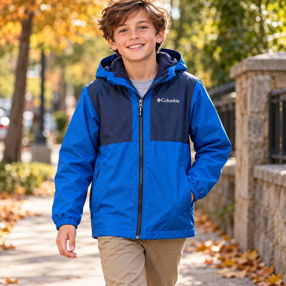Columbia Boys Rainy Trails Fleece Lined Jacket Blue L 14/16